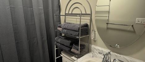 A bathroom with a toilet, sink, and towel rack.
