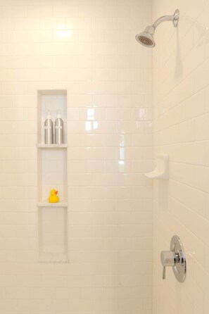 Shower, towels, soap, toilet paper
