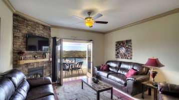 Smart TV, lareira, DVD player, livros