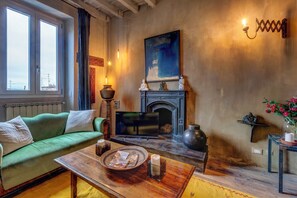 Smart TV, fireplace, books