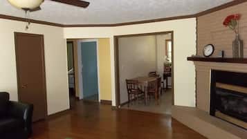 Smart TV, fireplace, DVD player, books