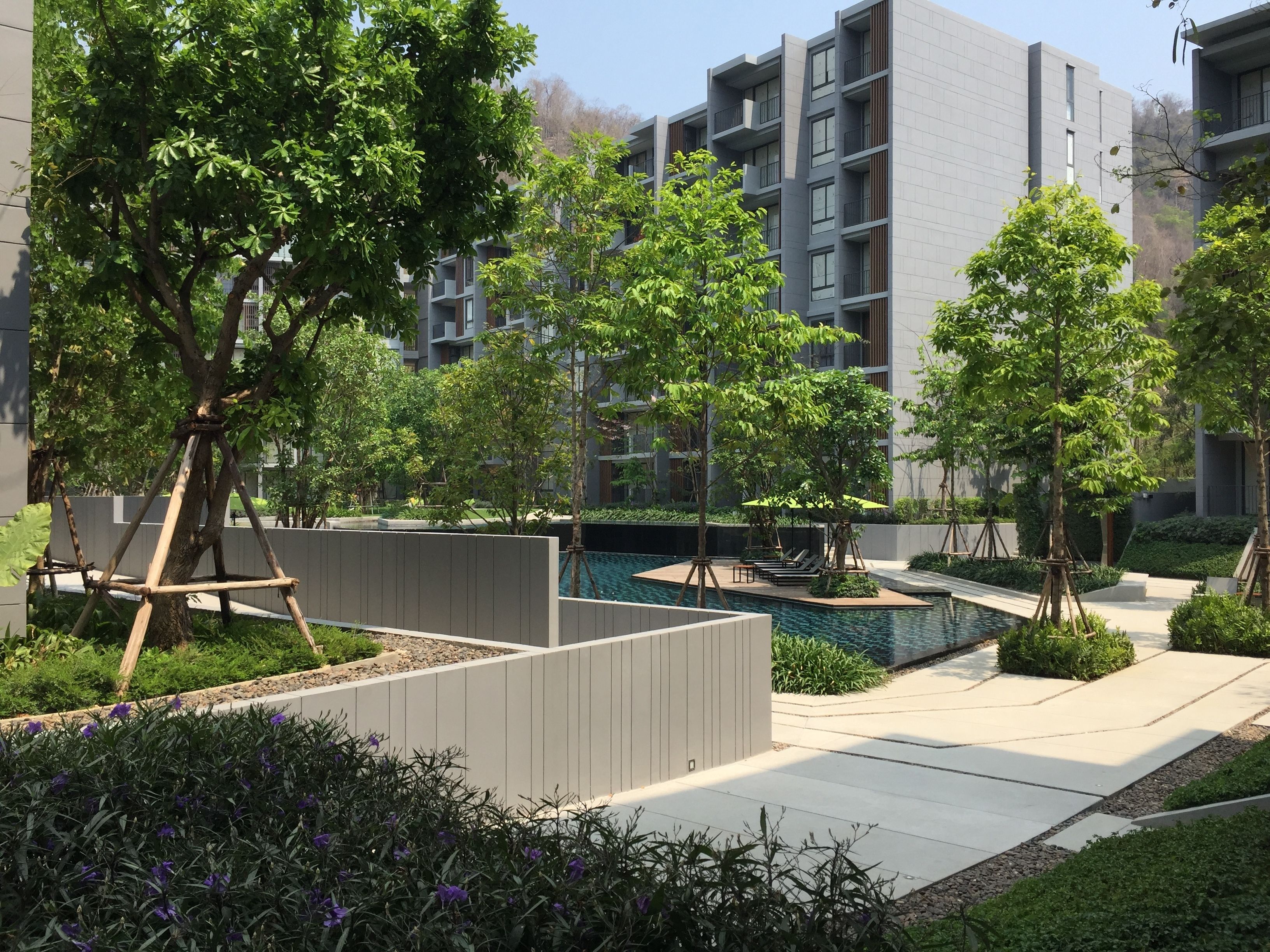 Um complexo residencial moderno com piscina, área de estar externa e vegetação exuberante.