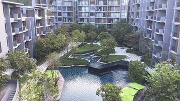 Outdoor pool, pool umbrellas, pool loungers