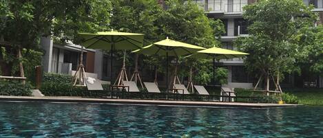 Outdoor pool, pool umbrellas, pool loungers
