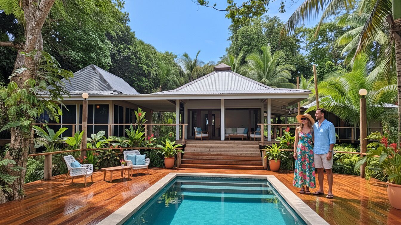 A house with a pool, surrounded by lush greenery.
