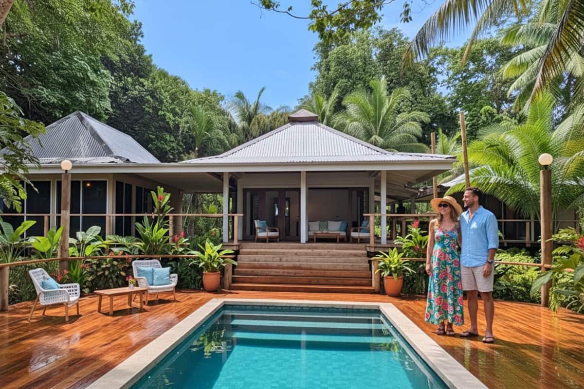 A house with a pool, surrounded by lush greenery.