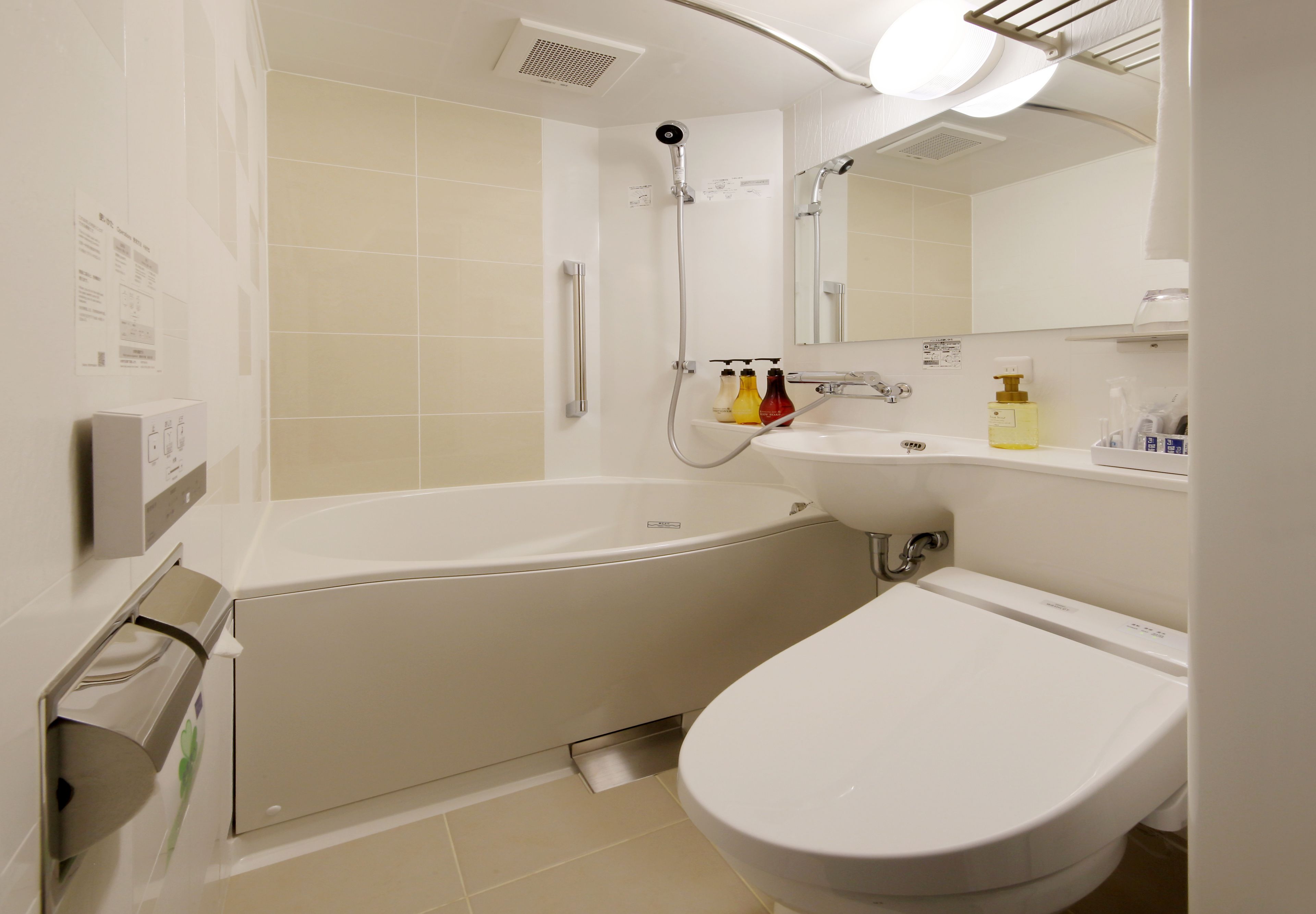 combined shower/bathtub, free toiletries, hair dryer, slippers