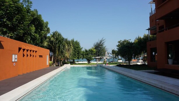 Una piscina con cubierta de madera, rodeada de árboles y un edificio de fachada roja.