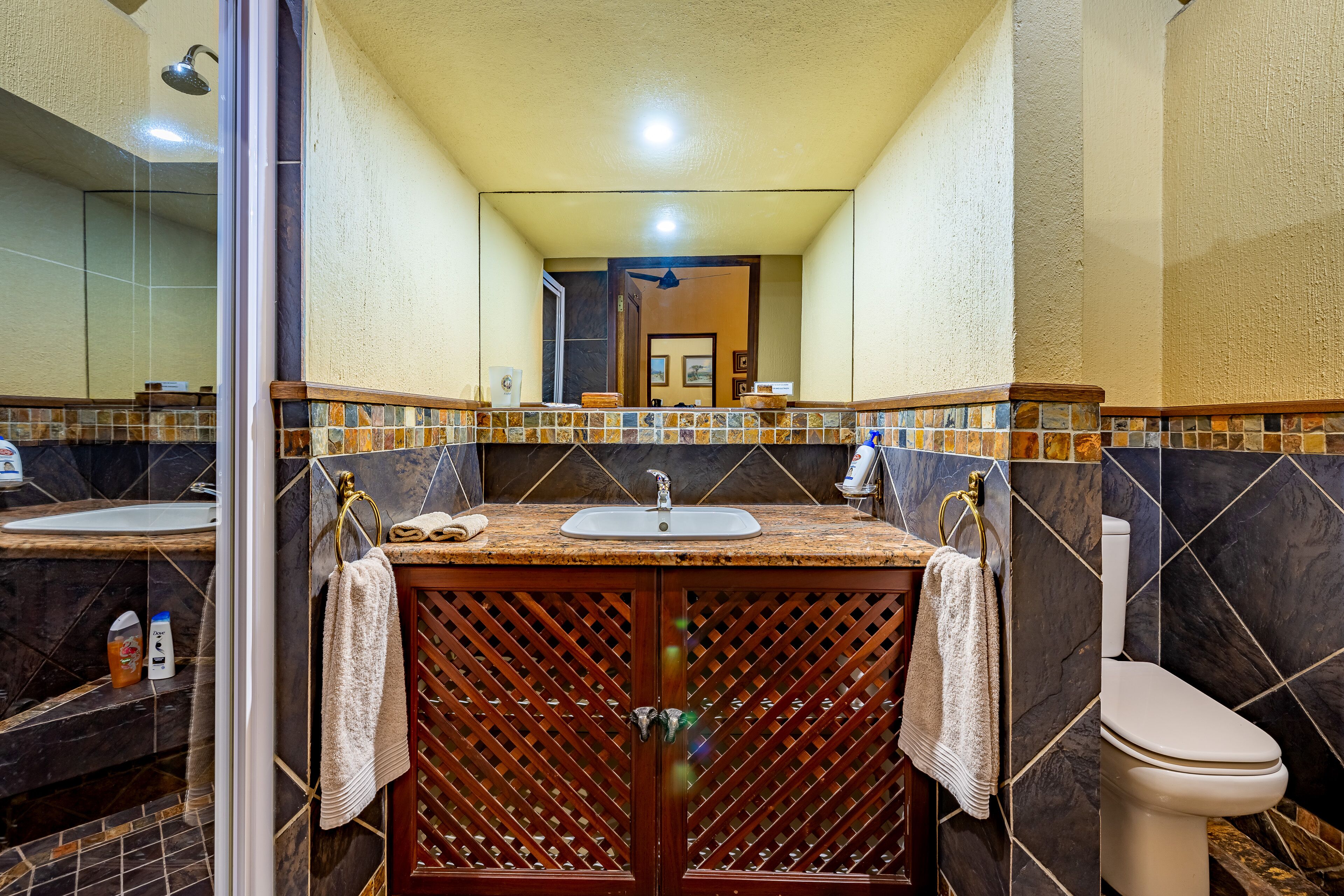 Une salle de bain avec deux lavabos, des toilettes et une douche.