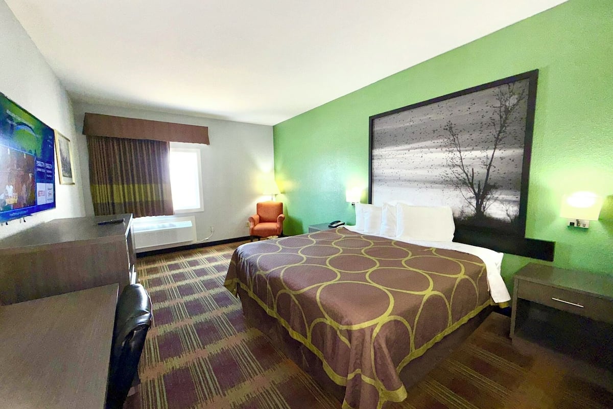 Habitación de hotel con cama, escritorio, silla, televisor y un cuadro en la pared.
