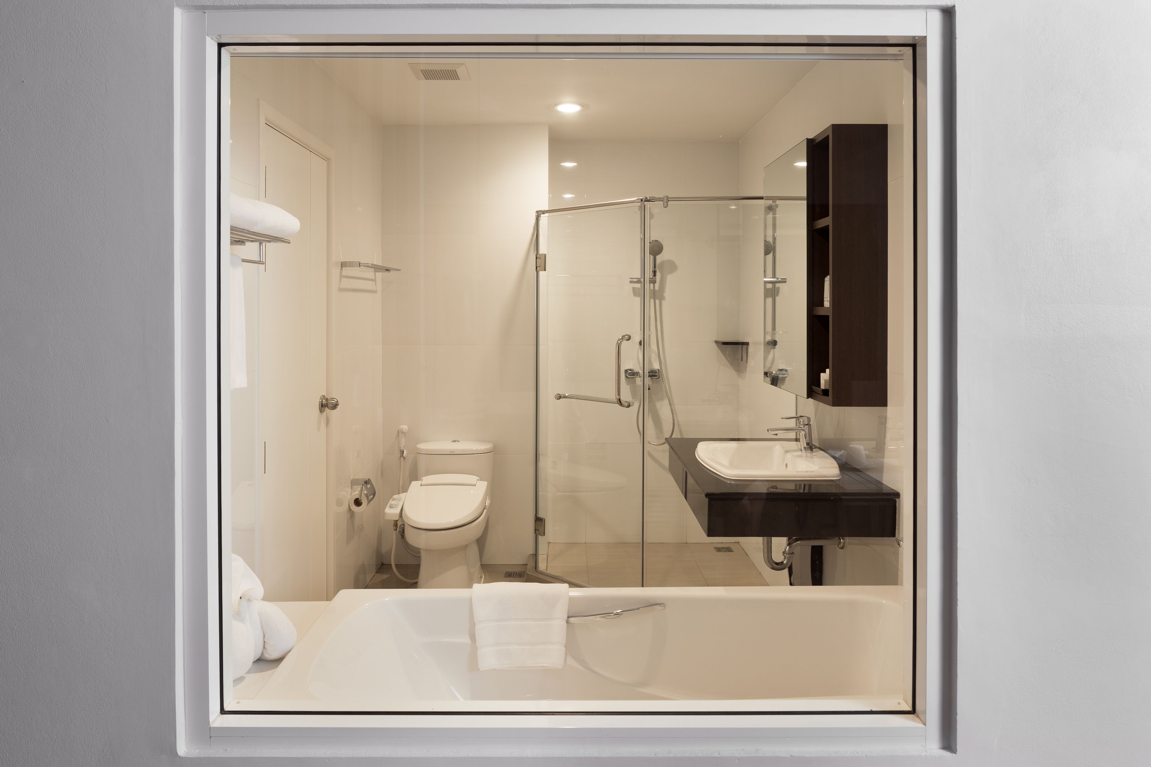 Un baño moderno con ducha envuelta en vidrio, inodoro blanco y bañera.