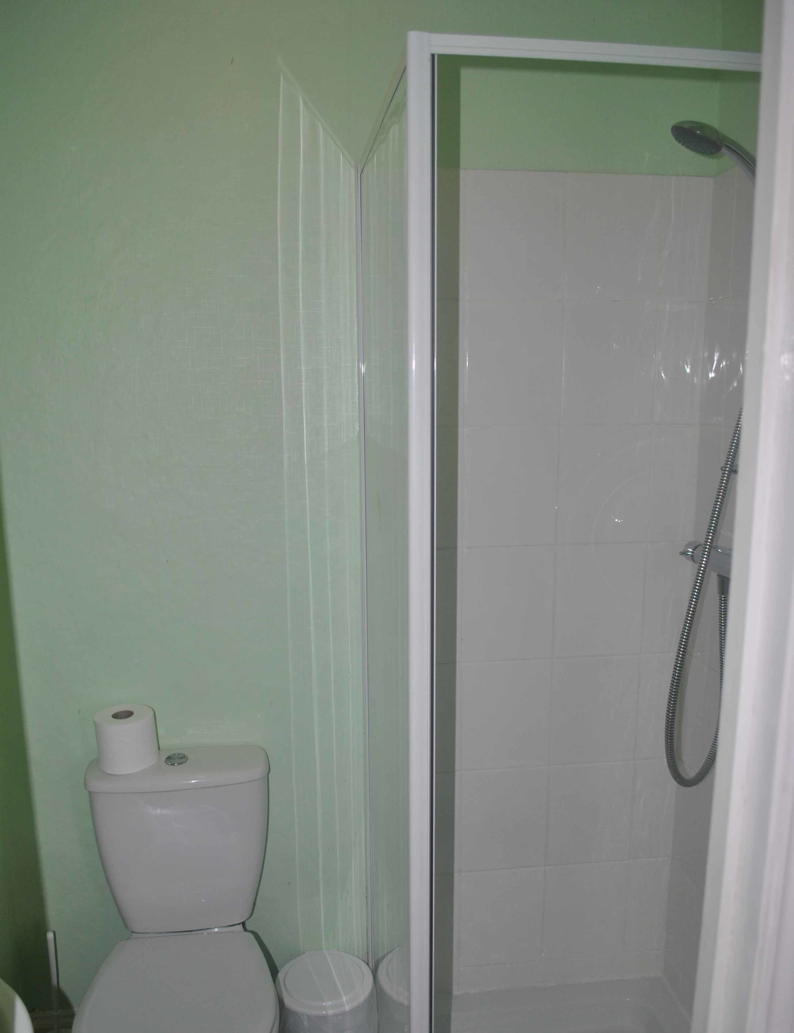 Un baño con inodoro, un cubo de basura y una cabina de ducha.