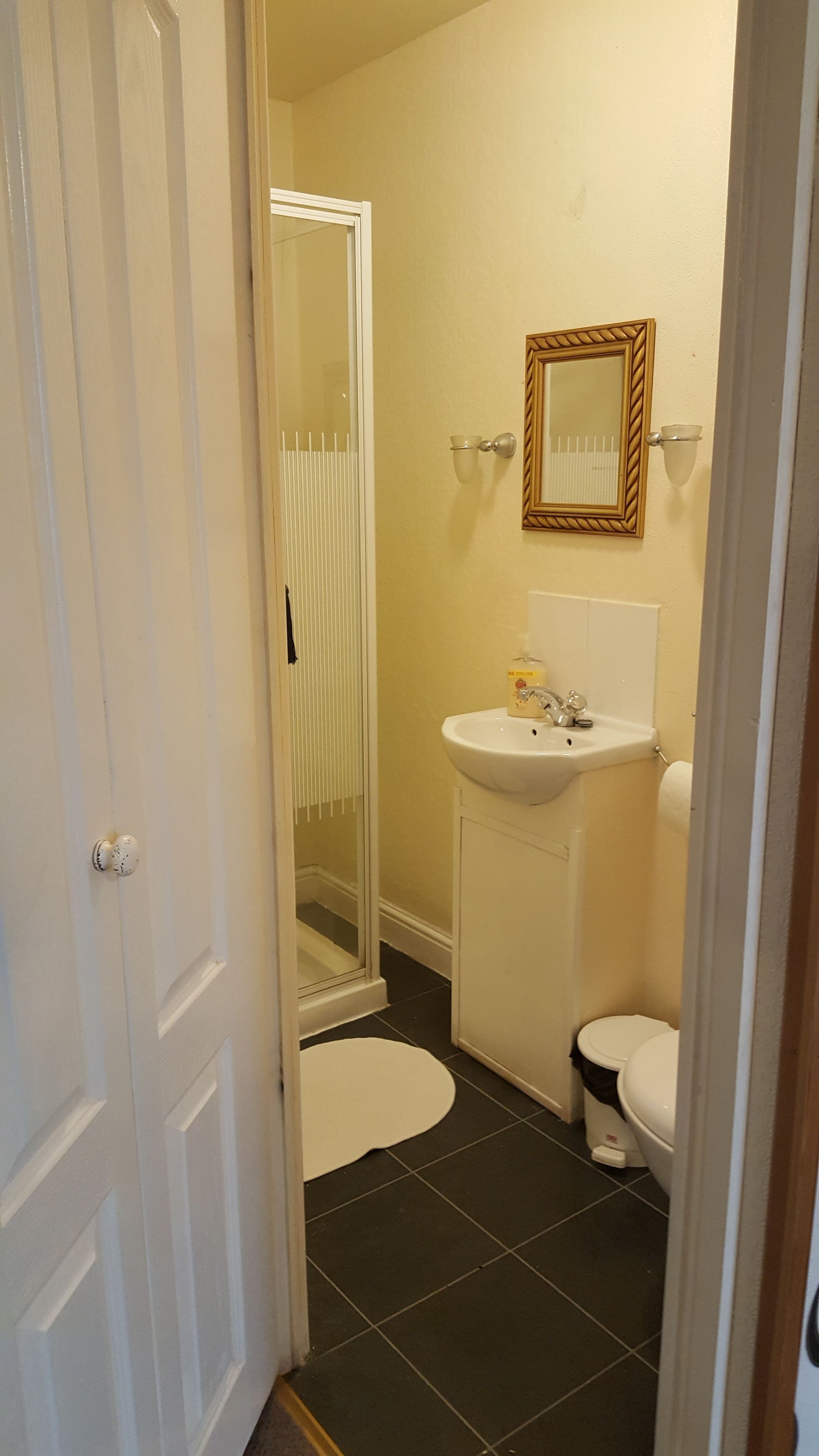Baño con ducha, lavamanos, inodoro y espejo.