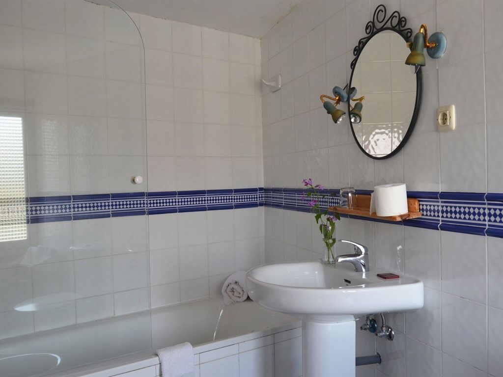 Une salle de bain avec un lavabo blanc, un miroir doté d’un cadre décoratif et un pare-feu en carreaux bleus.