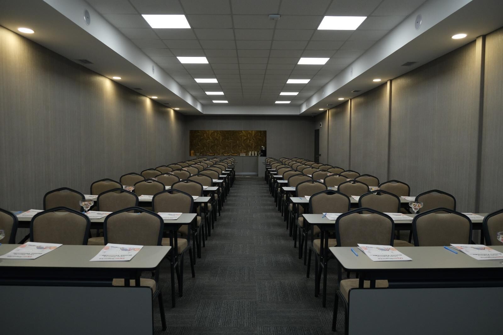 A conference room with rows of tables and chairs, a carpeted floor, and a patterned wall at the end.