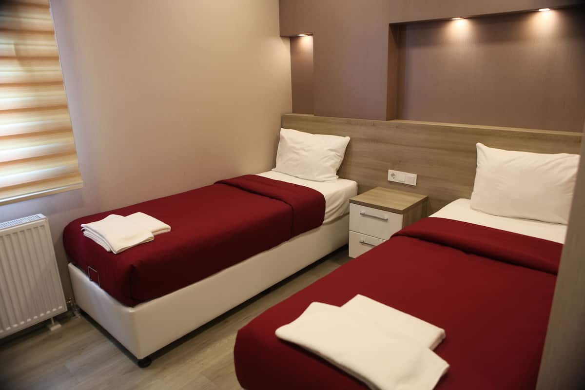 A twin room with two beds, a nightstand, a drawer, and a radiator.