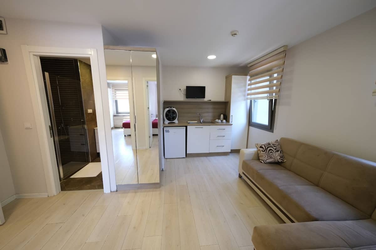 A modern apartment with a kitchenette, a living area with a sofa, and a hallway leading to a bathroom.