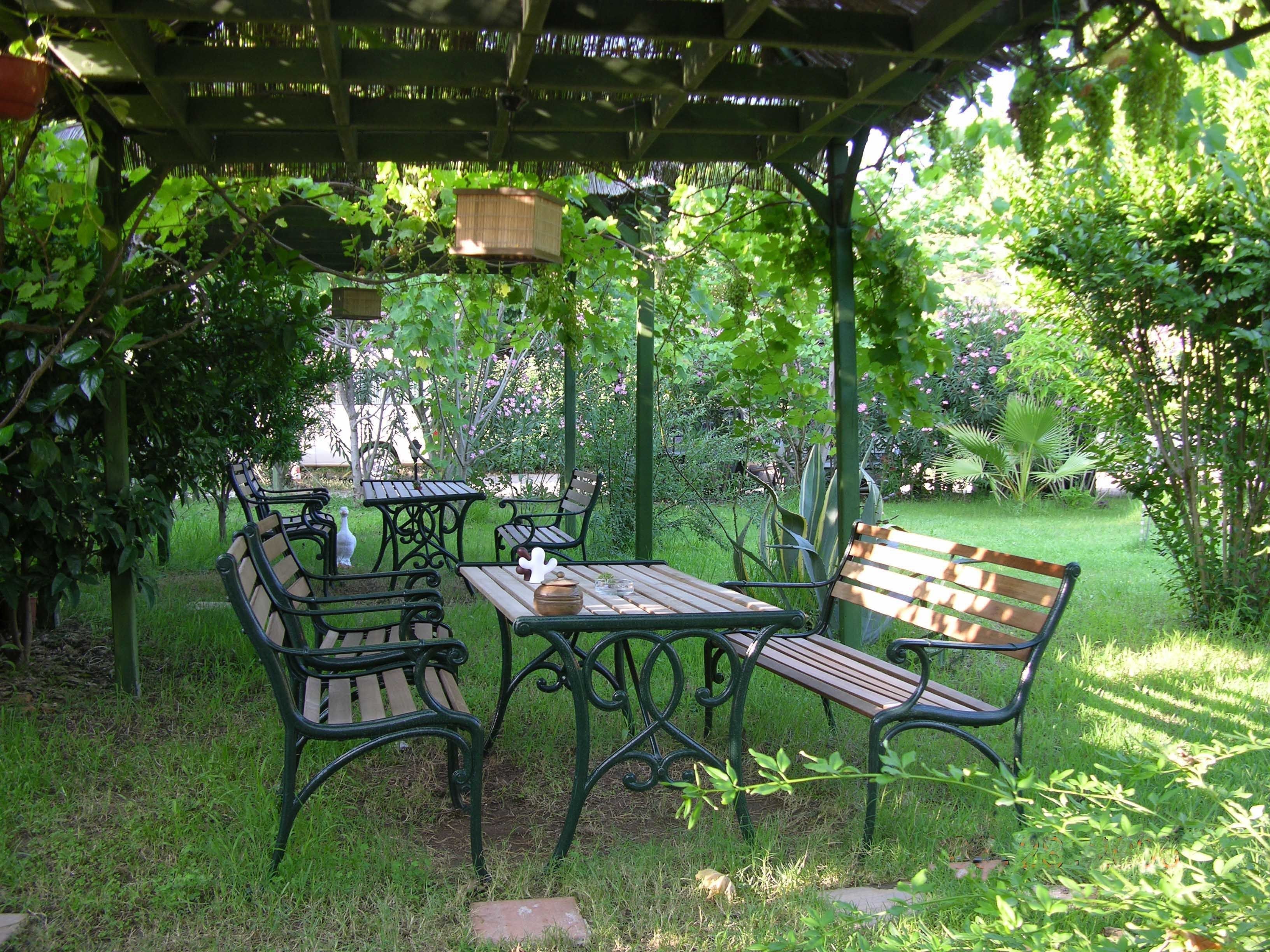 Un patio jardín con una mesa y bancos de madera, rodeado de abundante vegetación y una estructura de pérgola.