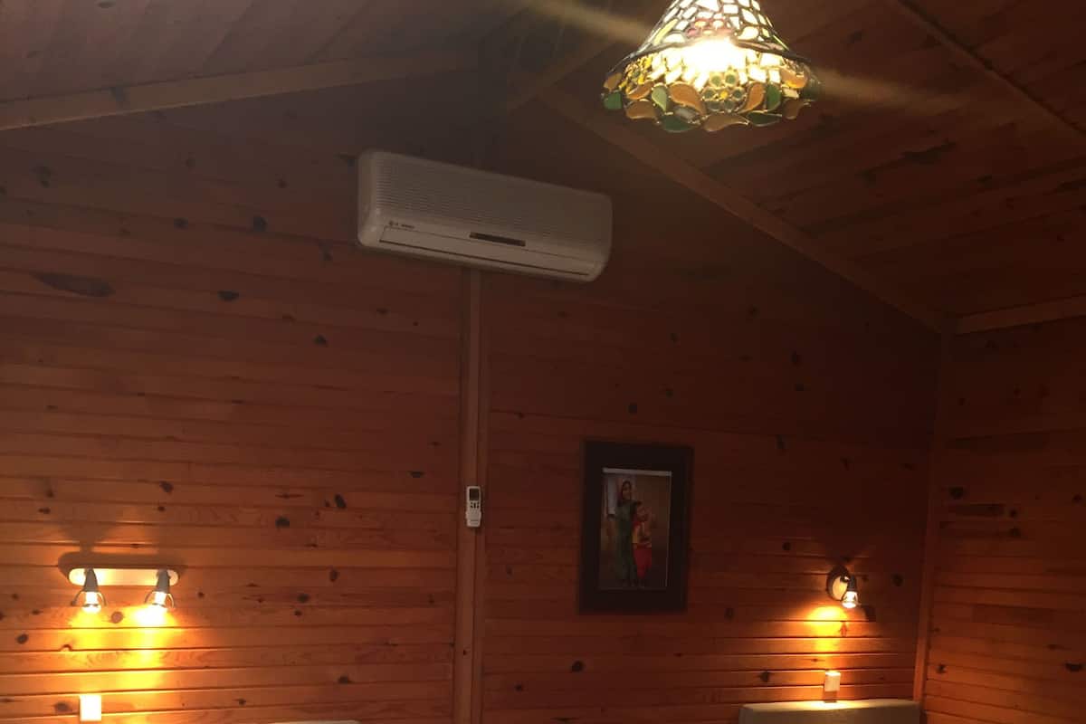Une pièce chaleureuse avec deux lits, un mur en bois, un tapis à motifs et un luminaire suspendu.