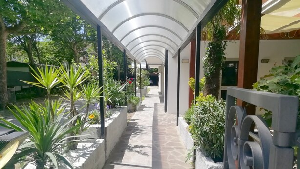 A covered walkway with stone flooring, surrounded by various plants and greenery. - Hotel Rita (Cervia)