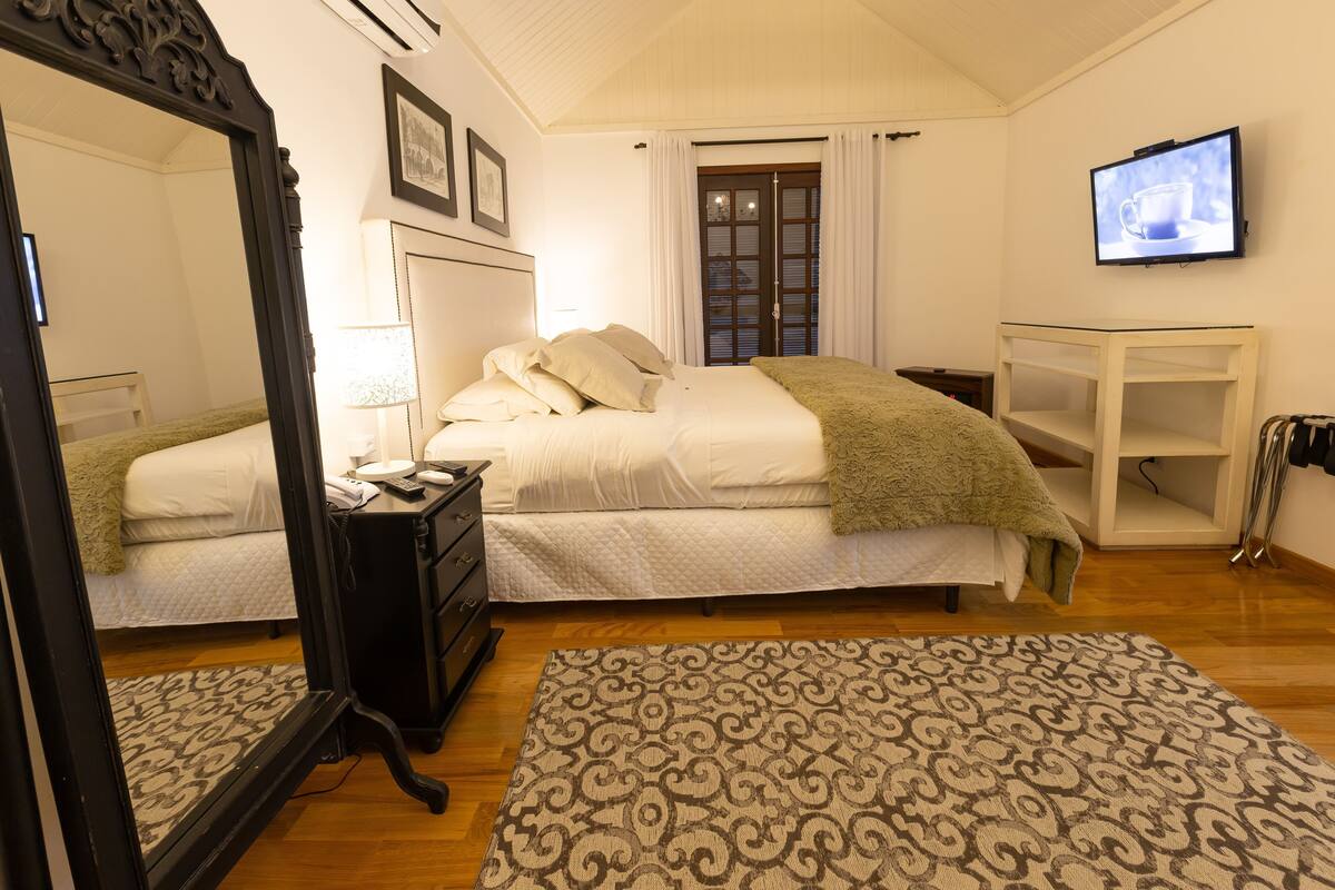 A bedroom with a bed, dresser, mirror, television, and a patterned rug.