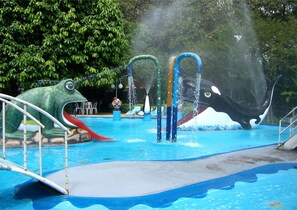 Un parque acuático con una piscina grande, toboganes y una estructura con forma de rana.