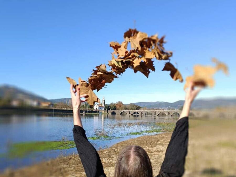 Una persona sosteniendo hojas otoñales con un cielo despejado, un puente y una masa de agua al fondo.
