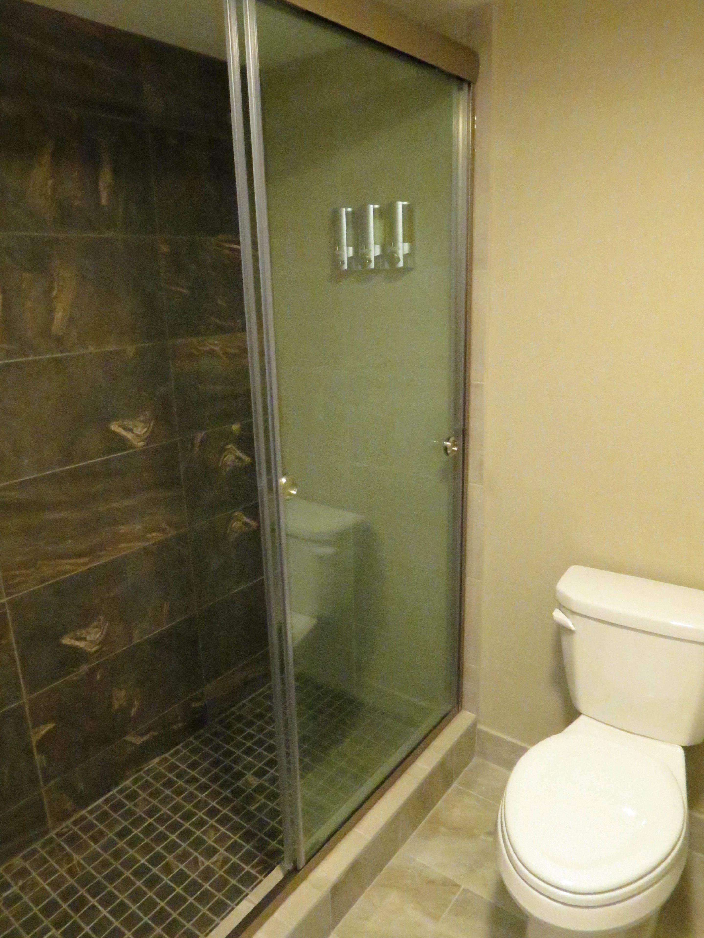 A bathroom with a glass-enclosed shower, a white toilet, and tiled walls.