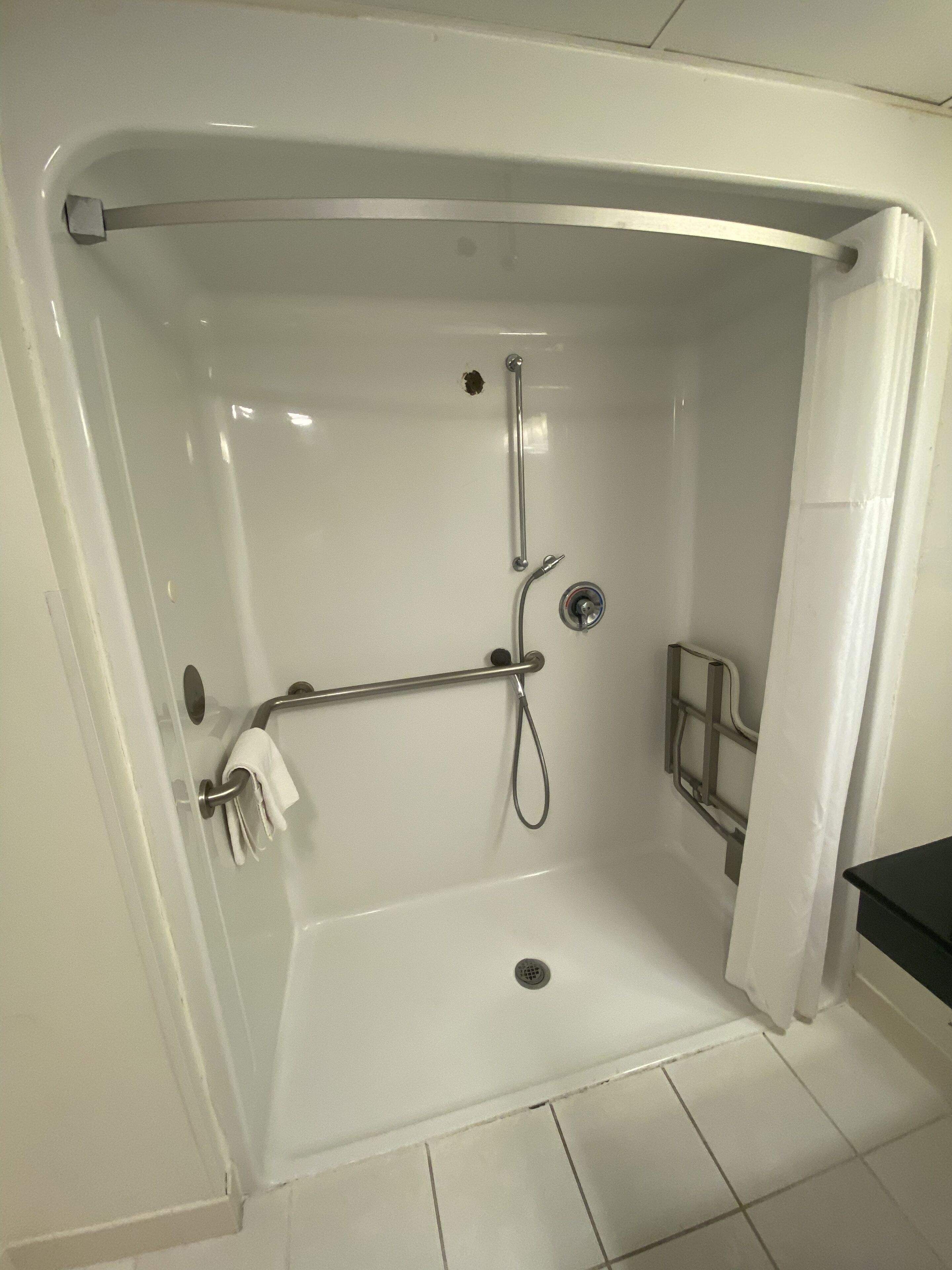 A walk-in shower with a grab bar, a handheld showerhead, and a floor drain.