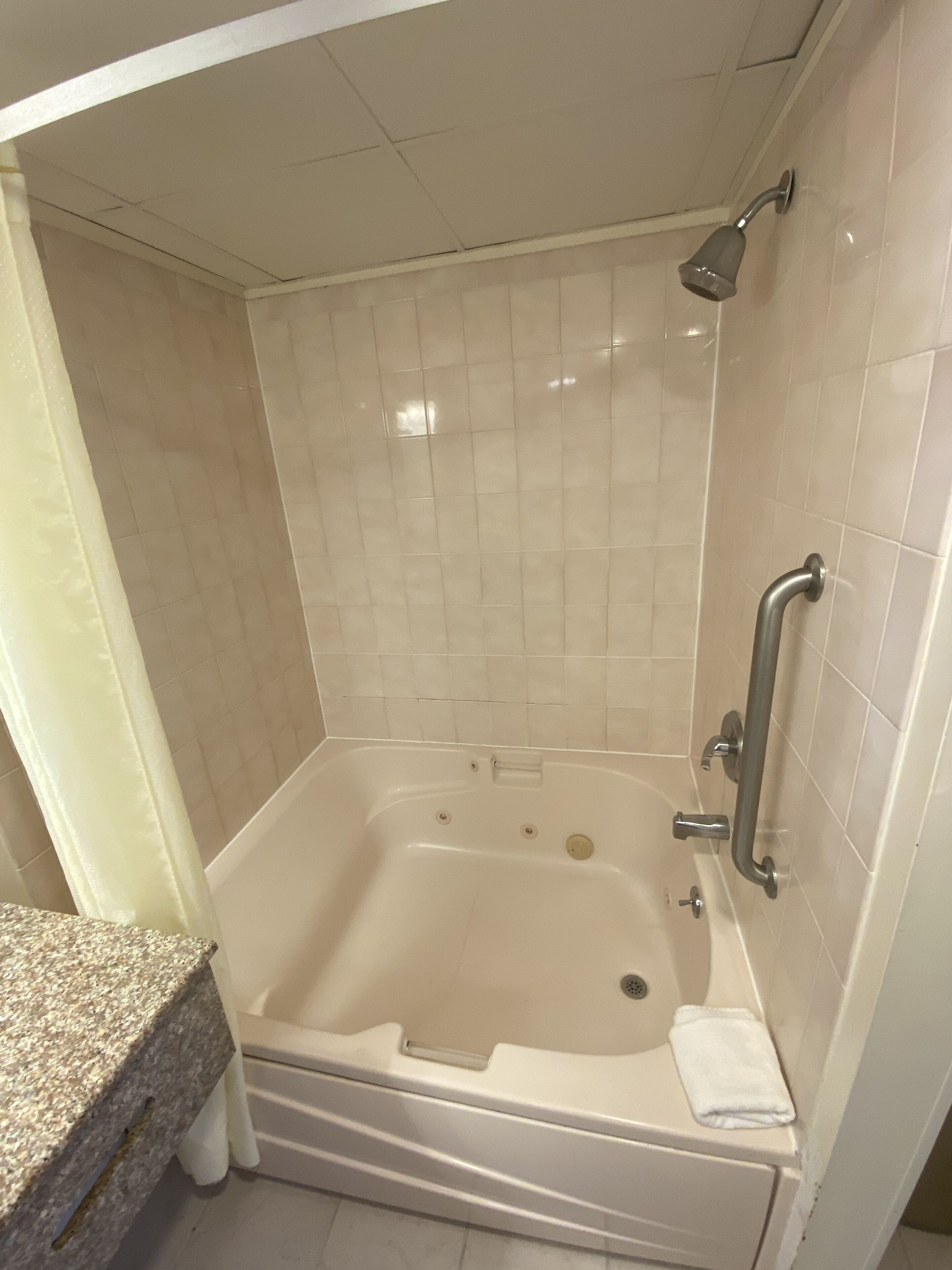 Un baño de hotel estándar con bañera, ducha e inodoro.