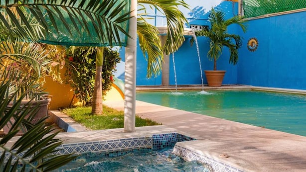 Une piscine dont le bord est recouvert de carrelage, entourée de palmiers et bordée d’un mur bleu.