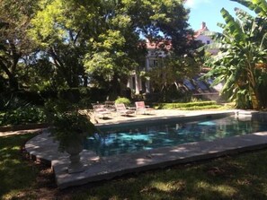 A swimming pool surrounded by lush greenery and a few lounge chairs.