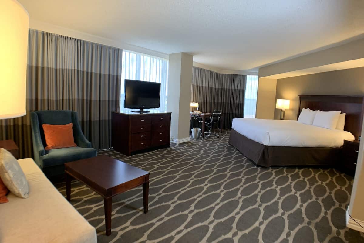 A hotel room with a bed, a desk with a chair, a television, a sofa, and a patterned carpet.