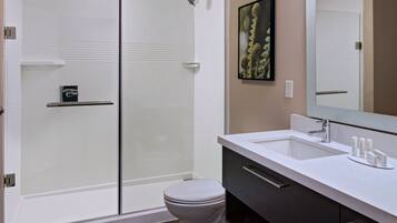 A modern bathroom with a glass shower enclosure, a white toilet, a vanity with a mirror, and a sink.