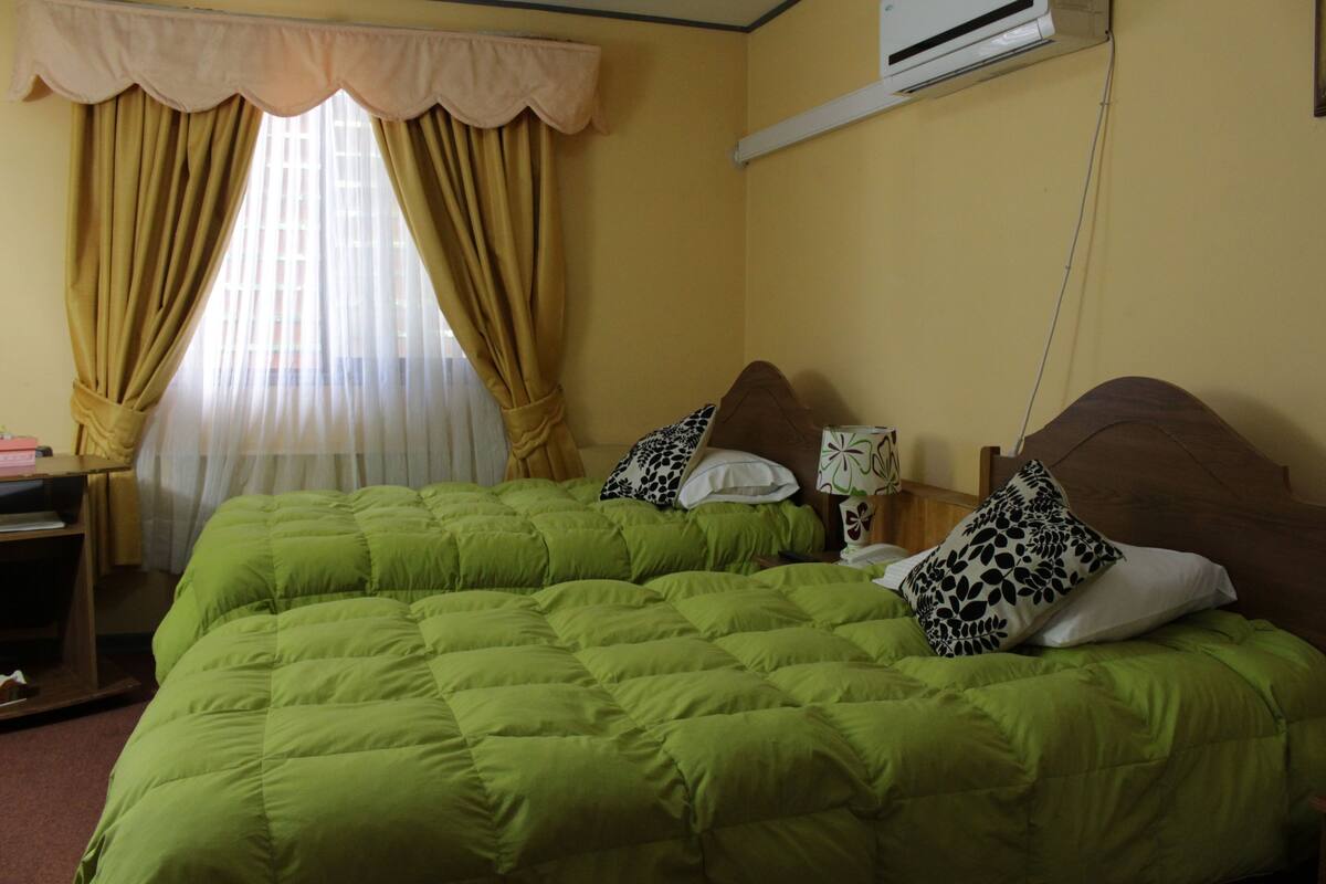 Een kamer met een groen bed, een bureau en een raam met gordijnen.