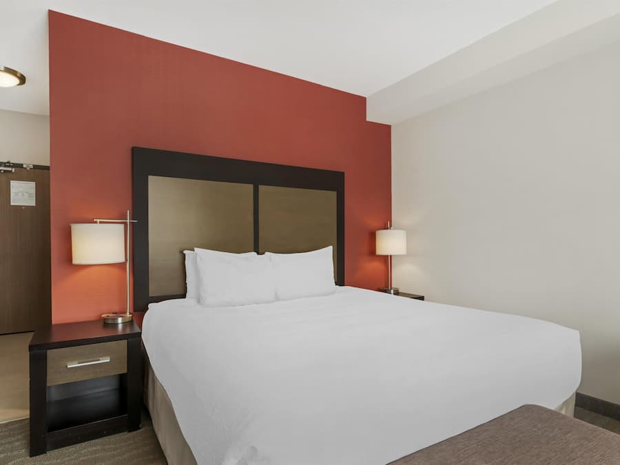 Een hotelkamer met een groot bed, twee nachtkastjes en een deur.