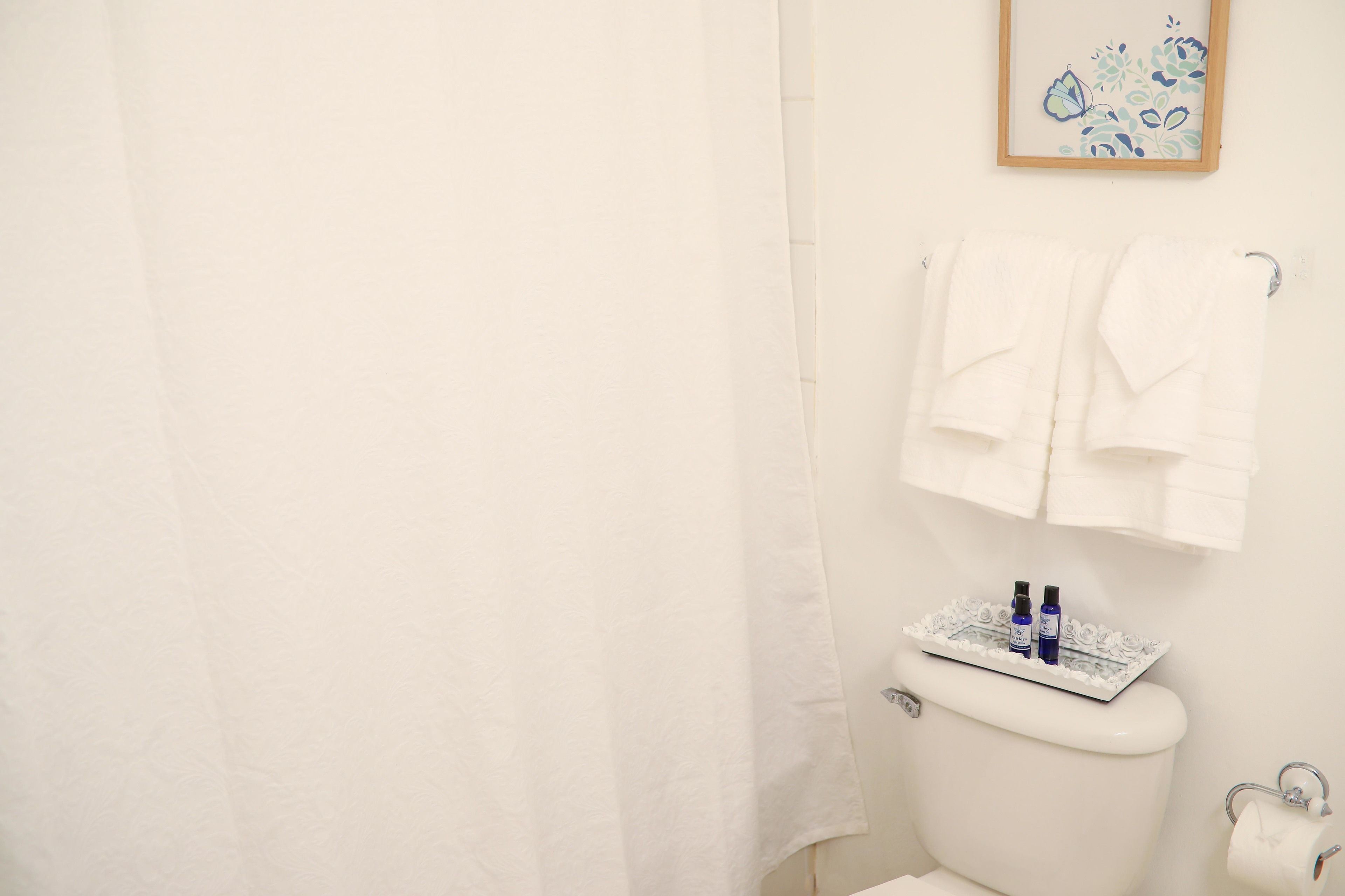 A bathroom with a white toilet, a shower curtain, and a framed floral artwork on the wall.