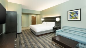 Une chambre d’hôtel avec un lit, un canapé, une télévision et un bureau.