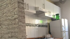 Appartamento Luxury | Cucina privata | Frigorifero con congelatore, microonde, piano cottura