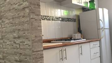 Luxury Apartment | Private kitchen | Full-sized fridge, microwave, stovetop, cookware/dishes/utensils