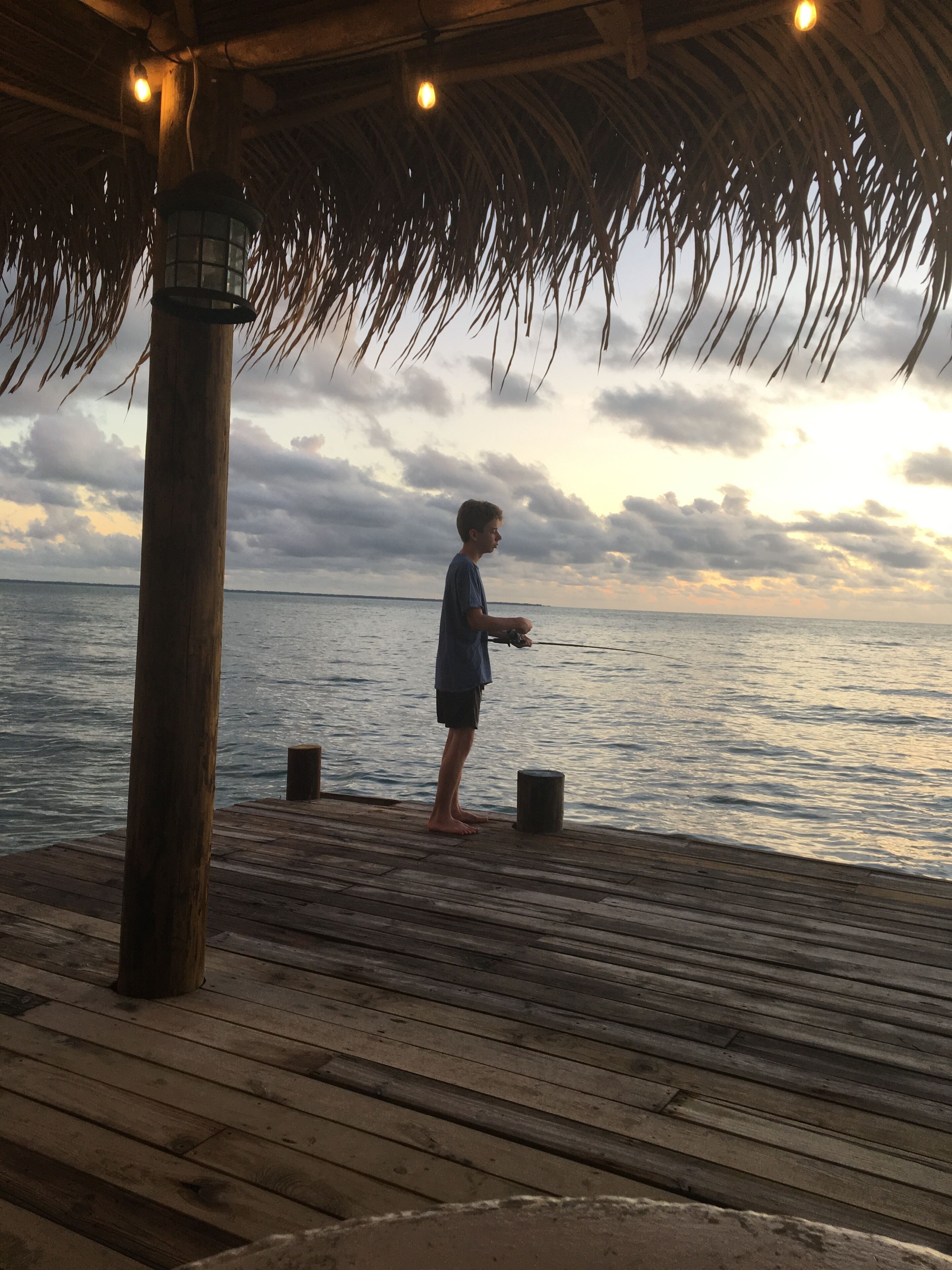 A wooden pier with a person fishing, a thatched roof, and a view of the sea.