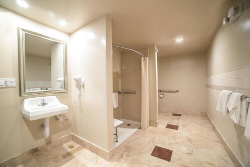 Senior Room, 1 King Bed, Accessible | Bathroom | Combined shower/tub, designer toiletries, hair dryer, towels