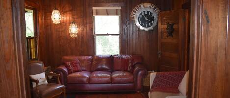 Smart TV, fireplace, books, music library