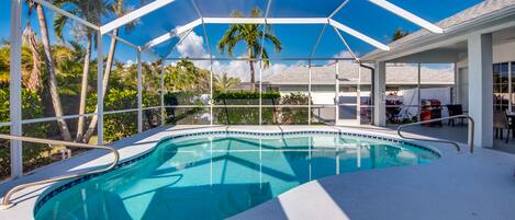 A swimming pool with a glass enclosure, surrounded by palm trees and a clear blue sky.