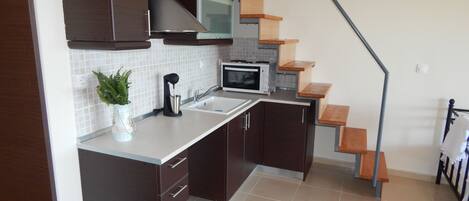 Fridge, microwave, oven, coffee/tea maker