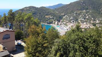 Un pueblo costero con playa, casas y colinas al fondo.