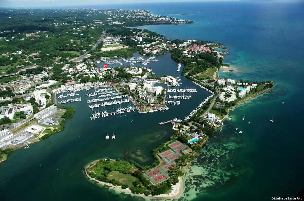 Vista aérea de un puerto deportivo con varios muelles, barcos y una pequeña isla con edificios y vegetación.