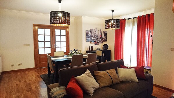 TV, fireplace, books