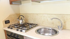 Een keuken met een gasfornuis, een roestvrijstalen spoelbak en houten keukenkastjes.