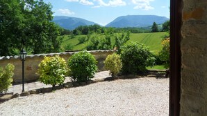 Vista de un paisaje rural con colinas ondulantes, árboles y un muro de piedra.